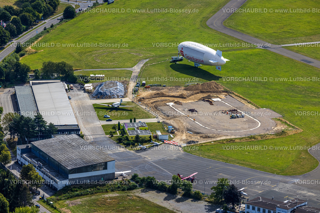 Muelheim220802032 | Luftbild, Flughafen Essen / Mülheim, Sparkasse Zeppelin, Abriss der Luftschiffhalle, Haarzopf, Essen, Ruhrgebiet, Nordrhein-Westfalen, Deutschland