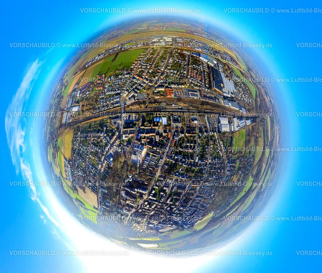 Holzwickede240190011Bahnhof | Luftbild, Wohngebiet Stadtmitte und Gewerbegebiet mit Hauptbahnhof Hbf, hinten der Dortmund Airport Flughafen Wickede, Erdkugel, Fisheye Aufnahme, Fischaugen Aufnahme, 360 Grad Aufnahme, tiny world, little planet, fisheye Bild, , Holzwickede, Ruhrgebiet, Nordrhein-Westfalen, Deutschland