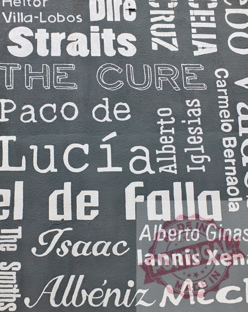 Music artists and bands names on wall | Wall showing typography design with names of famous musicians and bands - Realized with Pictrs.com