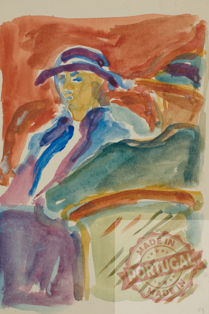 Woman wearing hat abstract watercolor painting | Edvard Munch Woman portrait in a dynamic, colorful expressionist watercolor painting - Realisiert mit Pictrs.com