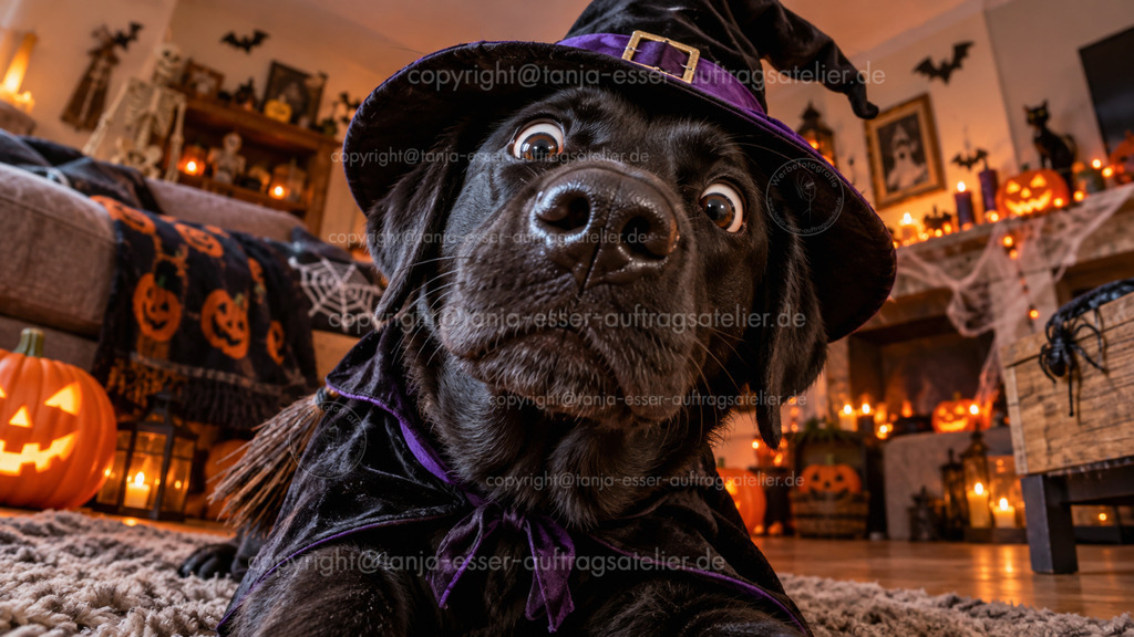 Lustiger Halloween Labrador im Wohnzimmer | Lustiger schwarzer Labrador Retriever im Hexenkostüm mit Hut blickt überrascht in die Kamera, umgeben von stimmungsvoller Halloween-Dekoration mit Kürbissen und Spinnenweben im gemütlichen Wohnzimmer. Überarbeitetes Bild nach Vorlage generativer KI.