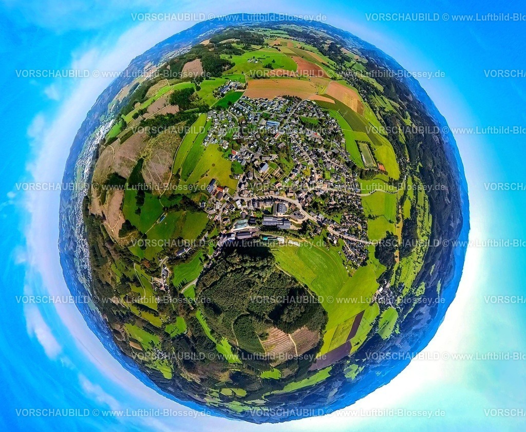 Attendorn230990320Heiden | Luftbild, Ortsansicht Ortsteil Helden, Erdkugel, Fisheye Aufnahme, Fischaugen Aufnahme, 360 Grad Aufnahme, tiny world, Helden, Attendorn, Sauerland, Nordrhein-Westfalen, Deutschland