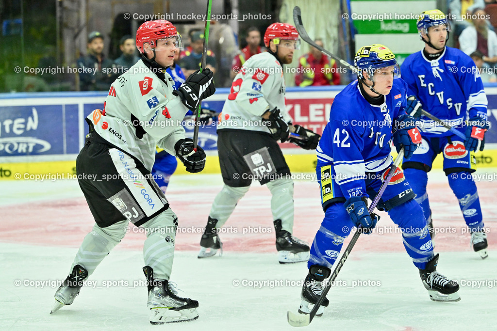 EC IDM Wärmepumpen VSV vs. HDD Jesenice | #4 PROSTOR Anze HDD Jesenice, #42 LANZINGER Benjamin EC VSV, EC IDM Wärmepumpen VSV vs. HDD Jesenice, EC IDM Wärmepumpen VSV vs. HDD Jesenice am 08.09.2024 in Villach (Stadthalle Villach), Austria, (Photo by Bernd Stefan)
