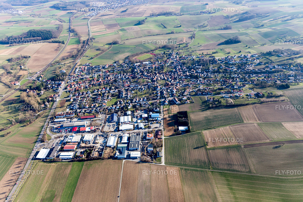 Ortsansicht von Norden | Luftbild: Ortsansicht von Norden im Ortsteil Helmsheim in Bruchsal im Bundesland Baden-Württemberg in Deutschland. Foto: IMG_097275.jpg vom 10.03.2017 durch Werner Riehm/FLY-FOTO.de - Realisiert mit Pictrs.com