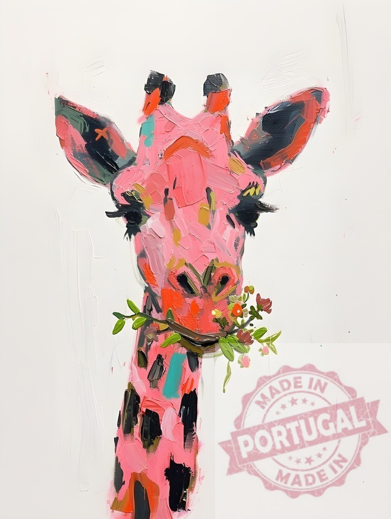 Pink giraffe head eating flowers palette knife painting | Pink giraffe head with textured paint strokes holding a branch of flowers in its mouth - Realized with Pictrs.com