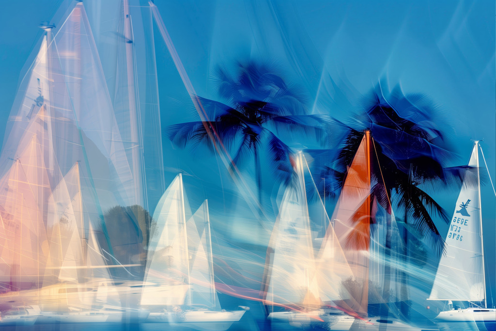 2407003 - Segelboote und Palmen | Sommerliches Segelmotiv im Stil einer kreativen Fotografie. Für Preise, Größen- und Materialauswahl klicken Sie bitte auf "Bestellen.