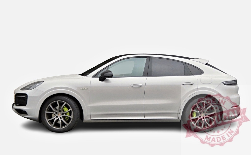 Porsche Cayenne E-Hybrid exhibiting its elegant profile on a white background | Side view of a white Porsche Cayenne E-Hybrid, highlighting its sleek design and hybrid technology - Realized with Pictrs.com