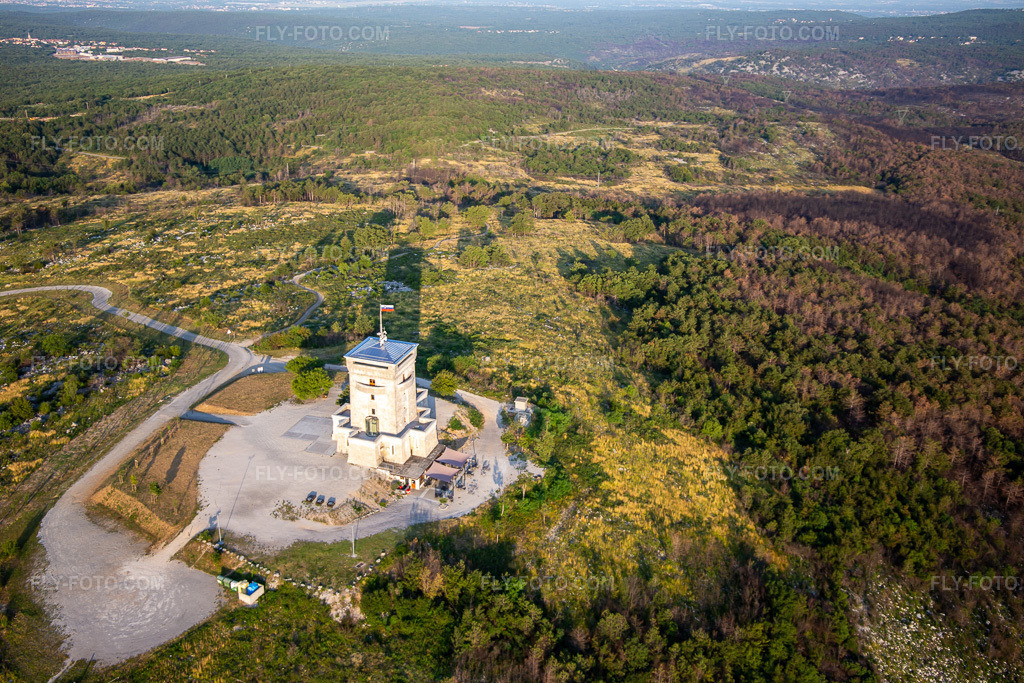 Aerial view: Cerje watchtower on the hill chain / Drevored hvaležnosti in the district Lokvica in Miren-Kostanjevica in the state Slovenia, Slovenia.Photo: IMG_137576.jpg taken on 07/16/2023 by Werner Riehm/FLY-FOTO.comResolution of the original: 5472 x 3648 px