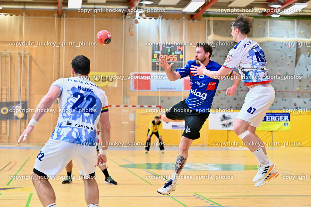 SC Ferlach vs. ALPA HC Hard | #22 BABIC Dejan HC Hard, #6 KROBATH Leander SC Ferlach, #47 FRITSCH Lukas HC Hard, SC Ferlach vs. ALPA HC Hard, SC Ferlach vs. ALPA HC Hard am 30.04.2024 in Ferlach (Ballspielhalle Ferlach), Austria, (Photo by Bernd Stefan)