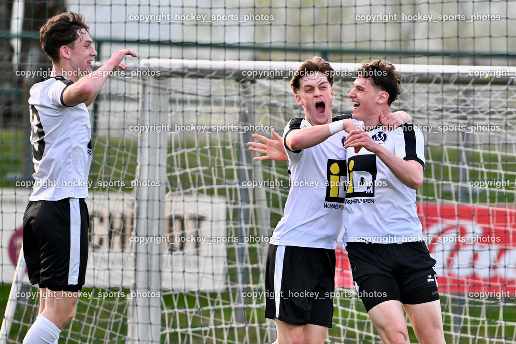SV Spittal vs. VST Völkermarkt 5.4.2024 | Jubel SV Spittal, #9 Samuel Müllmann SV Spittal, #10 Adrian Steurer SV Spittal, #3 Killian Brandner SV Spittal, SV Spittal vs. VST Völkermarkt 5.4.2024, SV Spittal vs. VST Völkermarkt am 05.04.2024 in Spittal an der Drau (Goldeck Stadion), Austria, (Photo by Bernd Stefan)