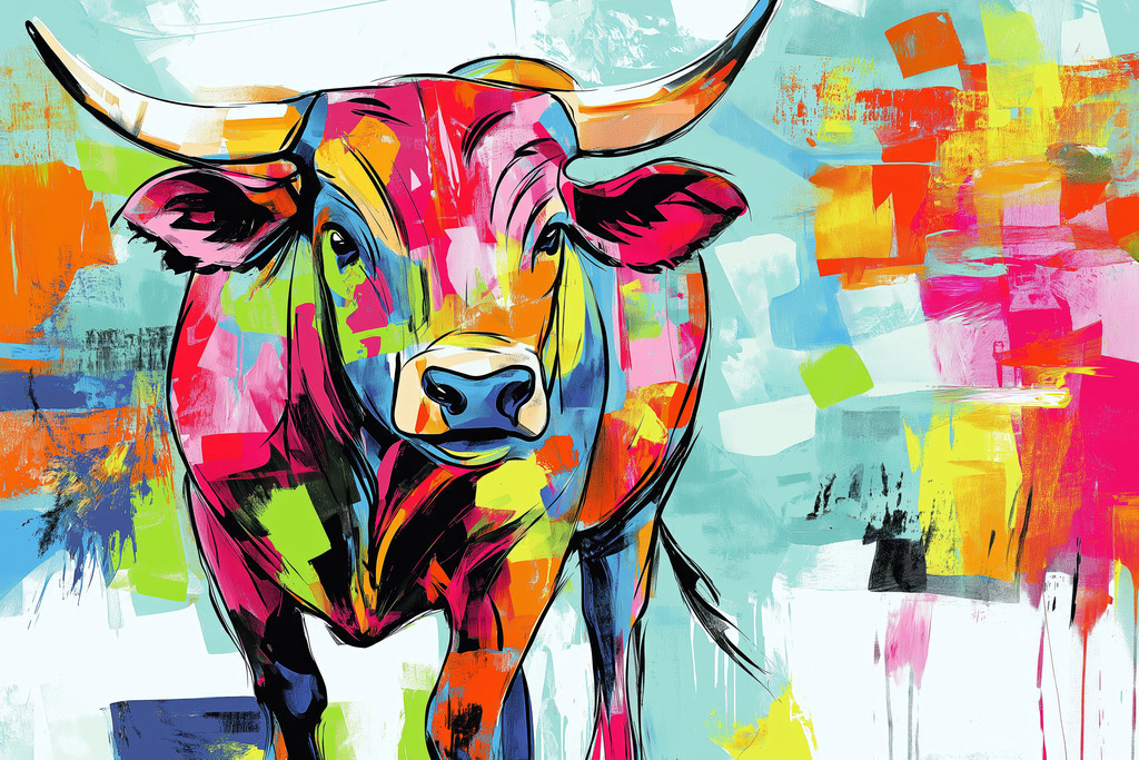 2502054 - Moderner bunter Stier | Modernes Wandbild im Stil eines Gemäldes. Bestellen Sie dieses Motiv als hochwertigen Kunstdruck auf Leinwand, hinter Acrylglas, auf Alu-Dibond oder auch als Poster. 