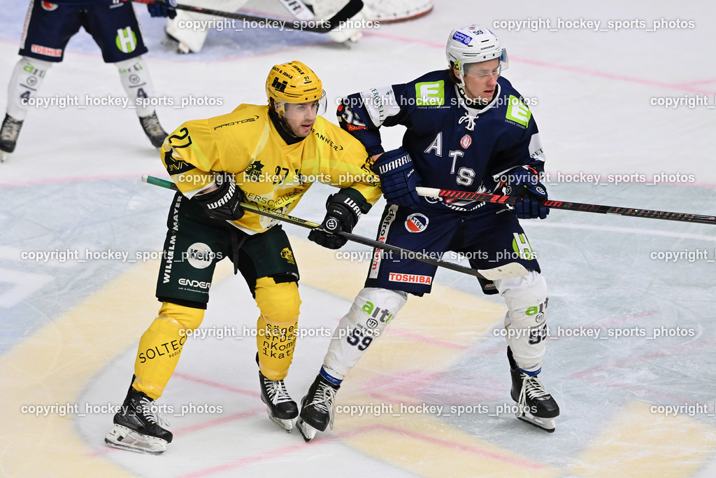 ATSE Graz vs. EHC Lustenau | #27 D’Alvise Christopher EHC Lustenau, #59 Petrovitz Mario ATSE Graz, ATSE Graz vs. EHC Lustenau, ATSE Graz vs. EHC Lustenau am 14.02.2026 in Graz (Merkur Eishalle ), Austria, (Photo by Bernd Stefan)