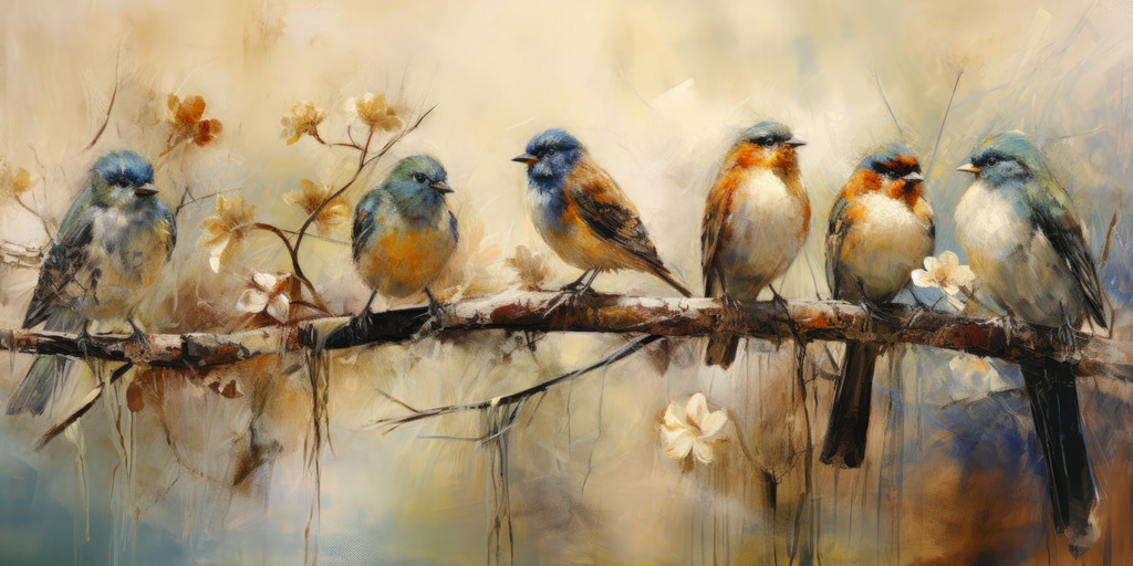 2307118 - Vögel auf einem Ast | Bestellen Sie dieses Motiv von Vögeln auf einem Ast als Kunstdruck auf Leinwand, Acrylglas, Alu-Dibond, Akustikbild oder als Poster.
Unsere digitalen Gemälde wirken mit täuschend echten Pinselstrichen wie von Hand gemalt.