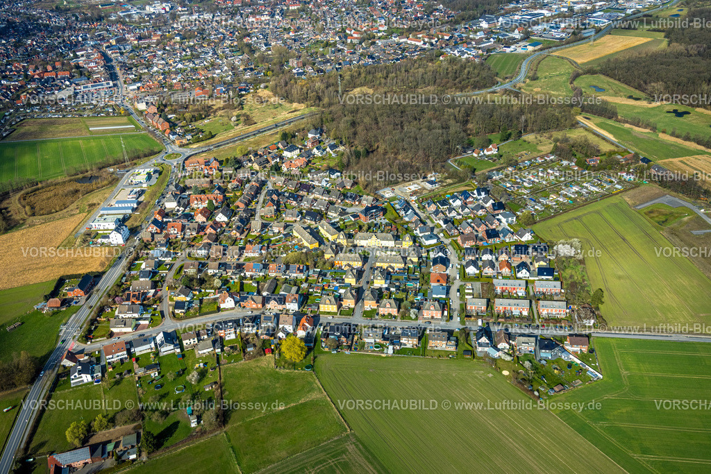 Selm260306922Bork | Luftbild, historische Fährenkampsiedlung und Wohngebiet Am Josef-Lüffe-Park Wald, KGV Kleingärtnerverein  Josef Lüffe Fährenkamp e.V., Bork, links Neubaugebiet mit Rettungswache Selm und an der Kreisstraße, Selm, Münsterland, Nordrhein-Westfalen, Deutschland