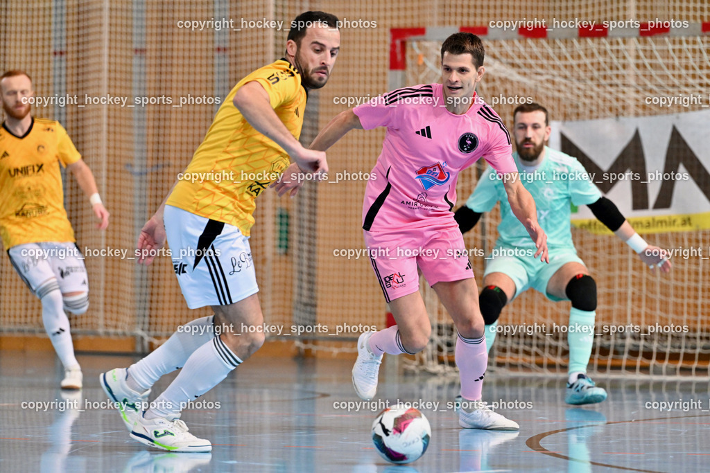 Carinthia Flamengo Futsal Club vs. FC Ljuti Krajisnici | #7 Nermin Dzinic FC Ljuti Krajisnici, #8 Ervin Jogis Carinthia Flamengo, Carinthia Flamengo Futsal Club vs. FC Ljuti Krajisnici, Carinthia Flamengo Futsal Club vs. FC Ljuti Krajisnici am 05.01.2025 in Klagenfurt (Ballspielhalle Viktring), Austria, (Photo by Bernd Stefan)