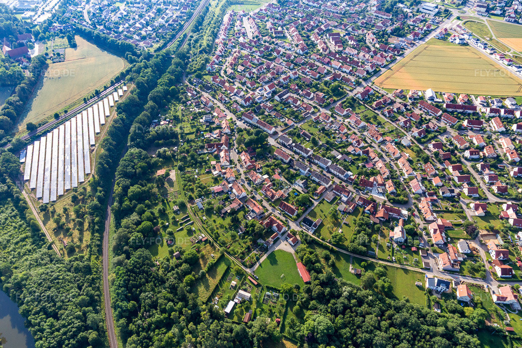 Luftbild: Solarfeld im Ortsteil Riedlingen in Donauwörth im Bundesland Bayern in Deutschland. Foto: IMG_101679.jpg vom 08.07.2017 durch Werner Riehm/FLY-FOTO.de