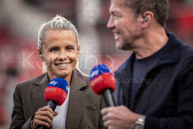 German Bundesliga, Bayer 04 Leverkusen vs. RB Leipzig, 02.05.2026 | LEVERKUSEN, GERMANY - MAY 2, 2026 :  Sky experts Julia Simic and Lothar Matthaeus before Bayer 04 Leverkusen vs. RB Leipzig at BayArena on May 2, 2026 in Leverkusen, Germany. DFL REGULATIONS PROHIBIT ANY USE OF PHOTOGRAPHS AS IMAGE SEQUENCES AND/OR QUASI-VIDEO.