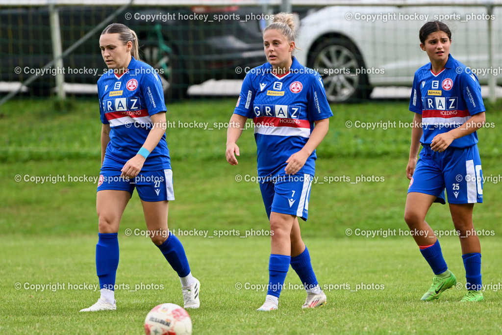 Carinthians Hornets vs. GAK 1902 Frauen | #27 Simona Koren GAK, #7 Vanessa Kraker GAK, #25 Viola Parvizi GAK, Carinthians Hornets vs. GAK 1902 Frauen, Carinthians Hornets vs. GAK 1902 Frauen am 01.09.2024 in Sachsenburg (Sportplatz Sachsenburg), Austria, (Photo by Bernd Stefan)