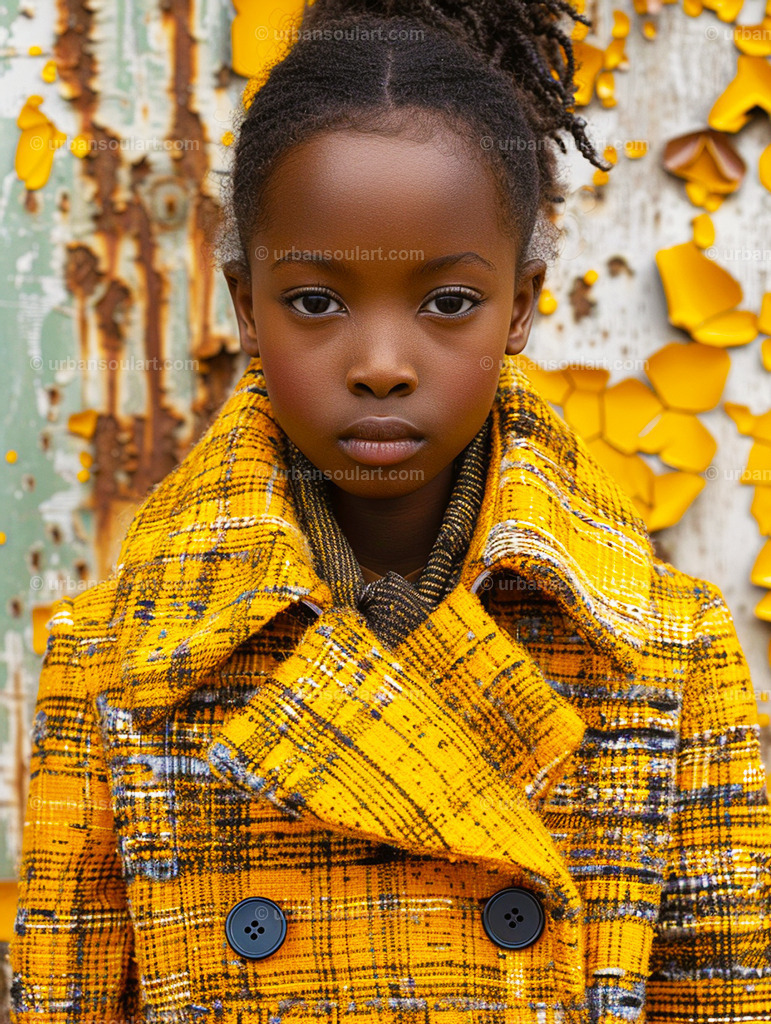 Black Girl With Yellow Jacket | This striking portrait of a young girl in a vibrant yellow jacket captures a sense of elegance and confidence. The bold color contrast against a textured background makes it a perfect choice for lively, contemporary decor. - Realisiert mit Pictrs.com