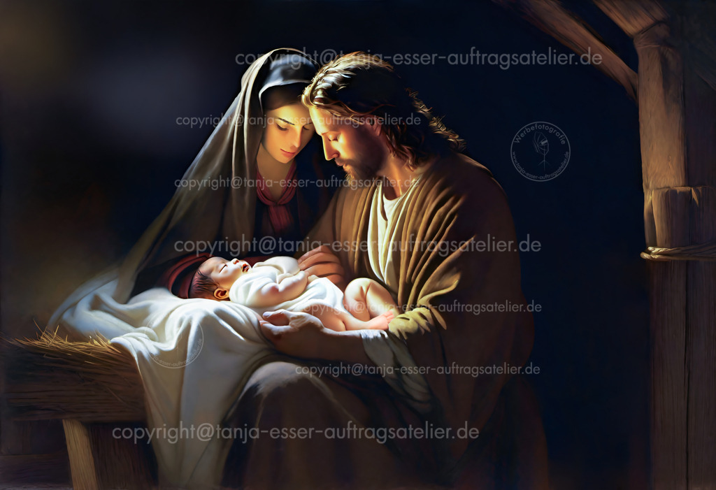 Geburt Jesus Christus D | Wunderschöne KI Illustration von der Geburt Jesus Christus. Maria und Josef im Stall von Bethlehem mit dem Baby Jesus. Stimmungsvoll im Stil eines Gemäldes. Copy Space.