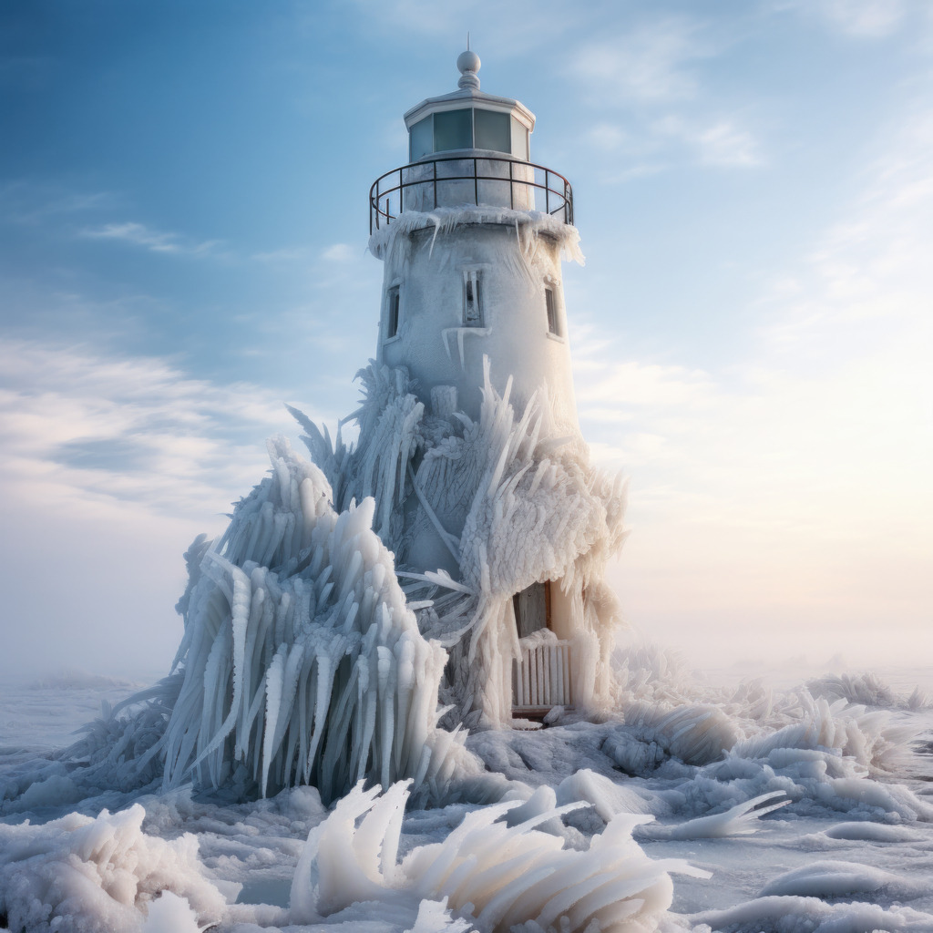 2308084 - Eisiger Leuchturm | Ein Leuchtturm in einer fantasievollen eisigen Landschaft, ein Bild, das wie ein fotorealistisches Gemälde anmutet.