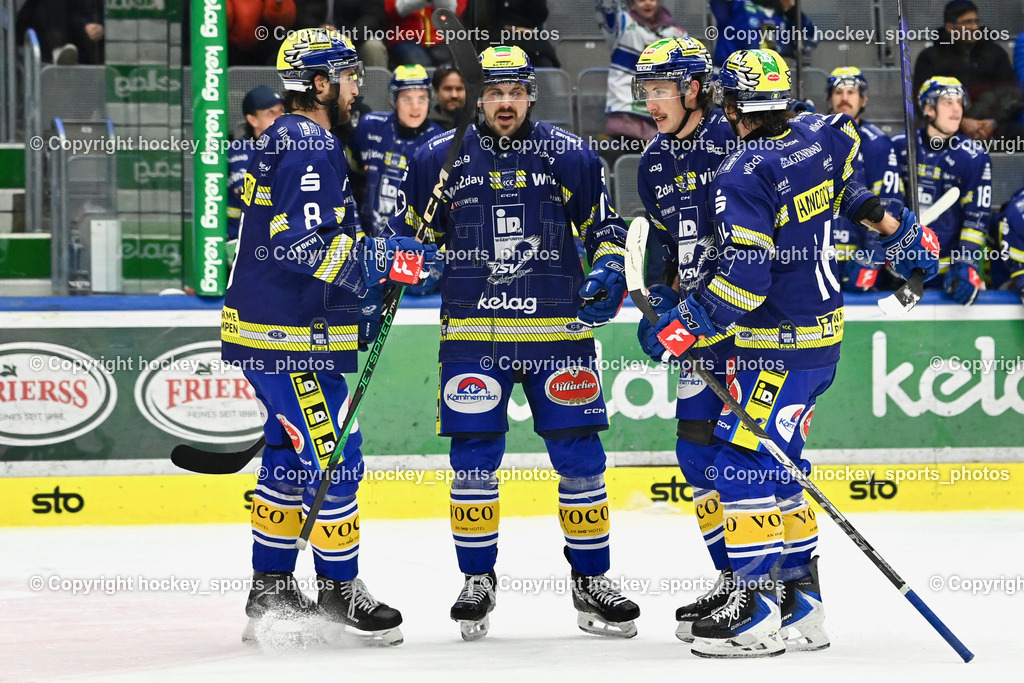 EC IDM WÄRMEPUMPEN VSV vs. Steinbach Black Wings Linz | Jubel EC VSV Mannschaft, #8 Maximilian Rebernig EC VSV, #13 Adam Helewka EC VSV, #2 Dylan MacPherson EC VSV, #16 Kevin Hancock EC VSV, EC IDM WÄRMEPUMPEN VSV vs. Steinbach Black Wings Linz, EC IDM WÄRMEPUMPEN VSV vs. Steinbach Black Wings Linz am 28.11.2025 in Villach (Stadthalle Villach), Austria, (Photo by Bernd Stefan)