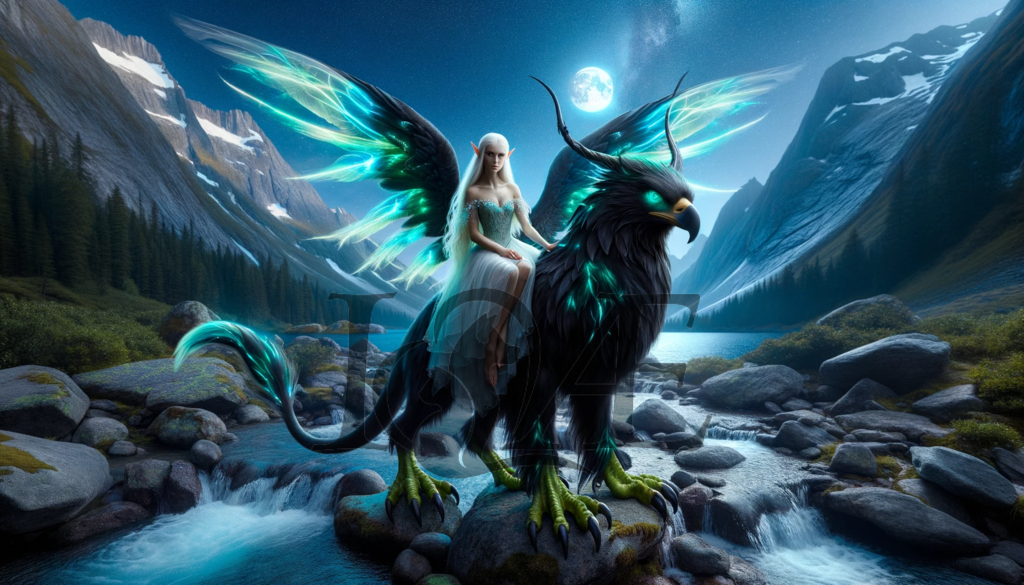 DALL_E 2023-10-06 15.36.59 - Hyper-realistic image of the elven woman with luminous neon fairy wings atop a striking black griffin that has faint green tinges in its fur. They sta | psy4fly - Realisiert mit Pictrs.com