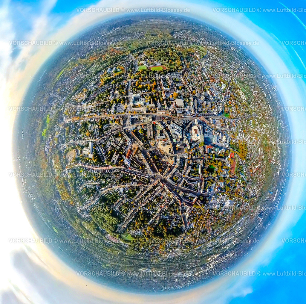 Bottrop20221006_1Hansacenter_City | Luftbild, City und Hansacenter, Fisheye Aufnahme, Fischaugen Aufnahme, 360 Grad Aufnahme, Altstadt, Bottrop, Fisheyeaufnahme, Ruhrgebiet, Nordrhein-Westfalen, Deutschland