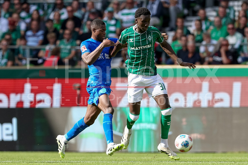 Fussball, Bundesliga, SV Werder Bremen - Bayer 04 Leverkusen | v.li.: Christian Kofane (Bayer 04 Leverkusen, 35) und Karim Coulibaly (SV Werder Bremen, 31) im Zweikampf, Duell, Dynamik, Aktion, Action, Spielszene, DIE DFL-RICHTLINIEN UNTERSAGEN JEGLICHE NUTZUNG VON FOTOS ALS SEQUENZBILDER UND/ODER VIDEOÄHNLICHE FOTOSTRECKEN. DFL REGULATIONS PROHIBIT ANY USE OF PHOTOGRAPHS AS IMAGE SEQUENCES AND/OR QUASI-VIDEO.