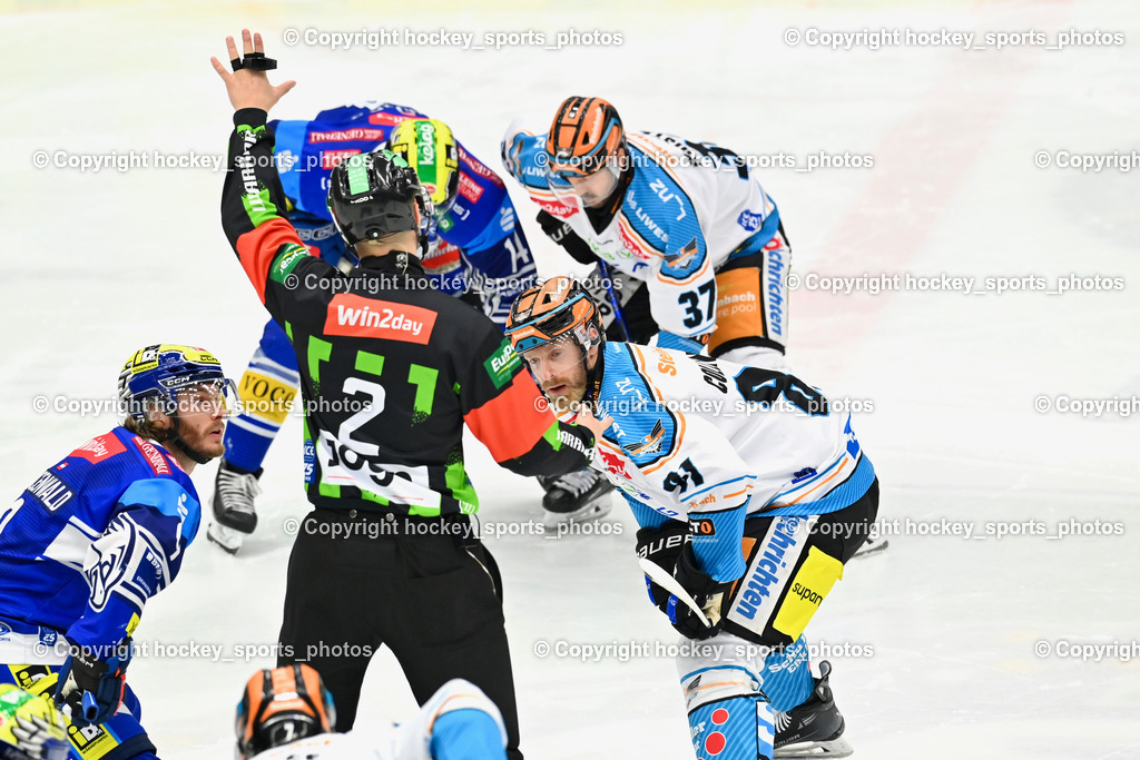 EC IDM Wärmepumpen VSV vs. STEINBACH BLACK WINGS LINZ  | HRONSKY TOMAS Referee, #9 RAUCHENWALD Alexander EC VSV, #81 Collins Sean Brendan BLACK WINGS LINZ, #37 Kristler Andreas BLACK WINGS LINZ, #14 TSCHURNIG Johannes EC VSV, EC IDM Wärmepumpen VSV vs. STEINBACH BLACK WINGS LINZ , EC IDM Wärmepumpen VSV vs. STEINBACH BLACK WINGS LINZ  am 28.01.2025 in Villach (Stadthalle Villach), Austria, (Photo by Bernd Stefan)