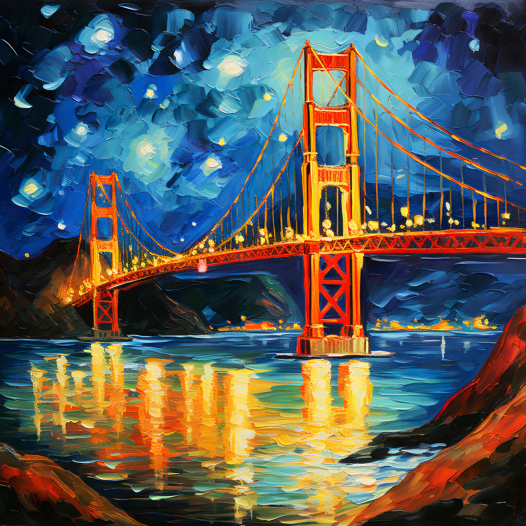2307035 - Golden Gate Bridge | Romantisches farbintensives Wandbild der Golden Gate Bridge bei Nacht.