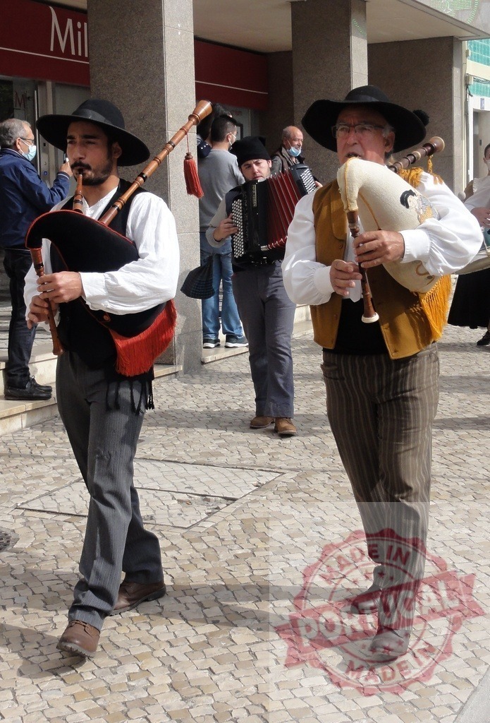 Folk musicians playing bagpipes and accordion in traditional costume | Musicians performing traditional folk music with bagpipes and accordion in a street parade - Realized with Pictrs.com