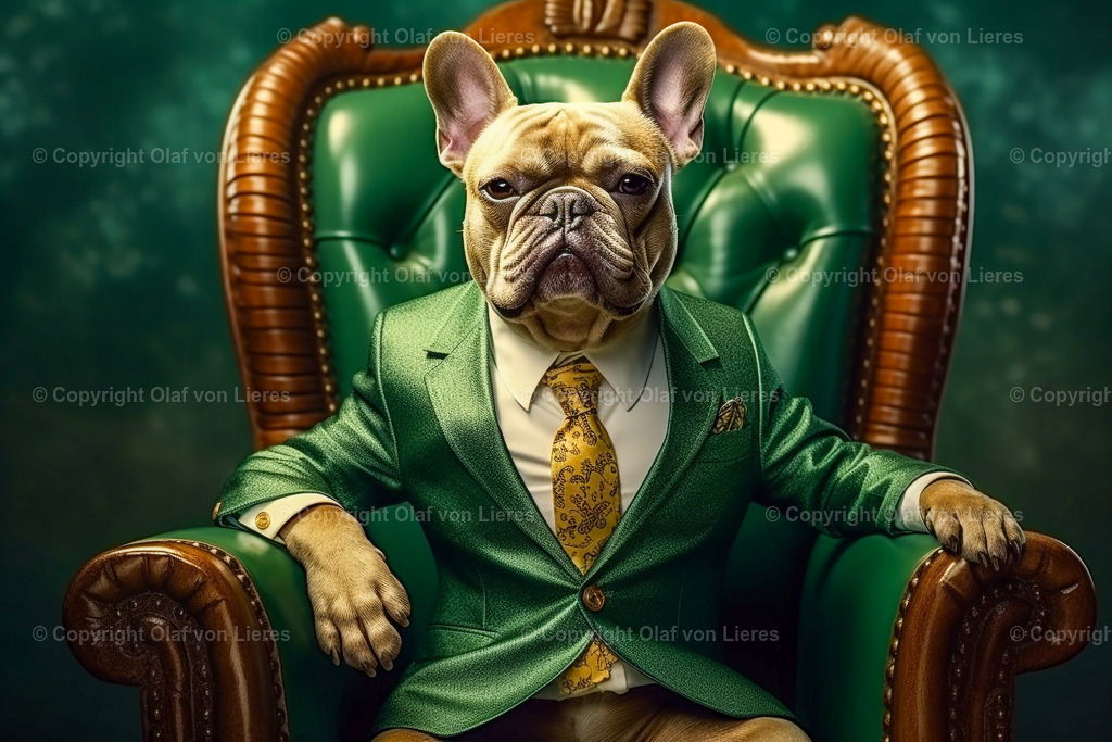 Bulldoggen im Anzug im Sessel | Big Boss mit Anzug im Stuhl