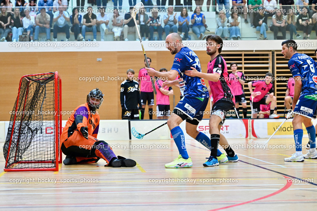 VSV Unihockey vs. Wiener Floorball Verein | #80 BEZUCHA Bernhard Wiener Floorballverein, #13 Jan Sláma VSV Unihockey, #10 HORN Philipp Wiener Floorballverein, #6 Timo Schmid VSV Unihockey, VSV Unihockey vs. Wiener Floorball Verein, VSV Unihockey vs. Wiener Floorball Verein am 18.05.2025 in Villach (Ballspielhalle St. Martin), Austria, (Photo by Bernd Stefan)