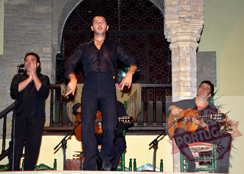 Flamenco dancer performing on stage with musicians | Flamenco performers dancing and playing guitar and singing during a traditional Spanish show - Realized with Pictrs.com