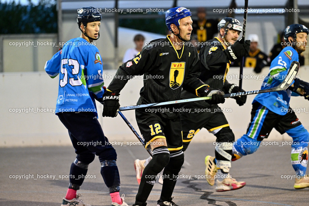 ASKÖ Hockey Villach vs. VAS Ballhockey  | #53 NINDLER Elias ASKÖ Villach Hockey, #12 Duricky Jan VAS Villach, #24 Wucherer Gerald VAS Villach, #22 FRIEDRICH Lukas ASKÖ Villach Hockey, ASKÖ Hockey Villach vs. VAS Ballhockey , ASKÖ Hockey Villach vs. VAS Ballhockey  am 06.07.2025 in Villach (Alpen Arena ), Austria, (Photo by Bernd Stefan)
