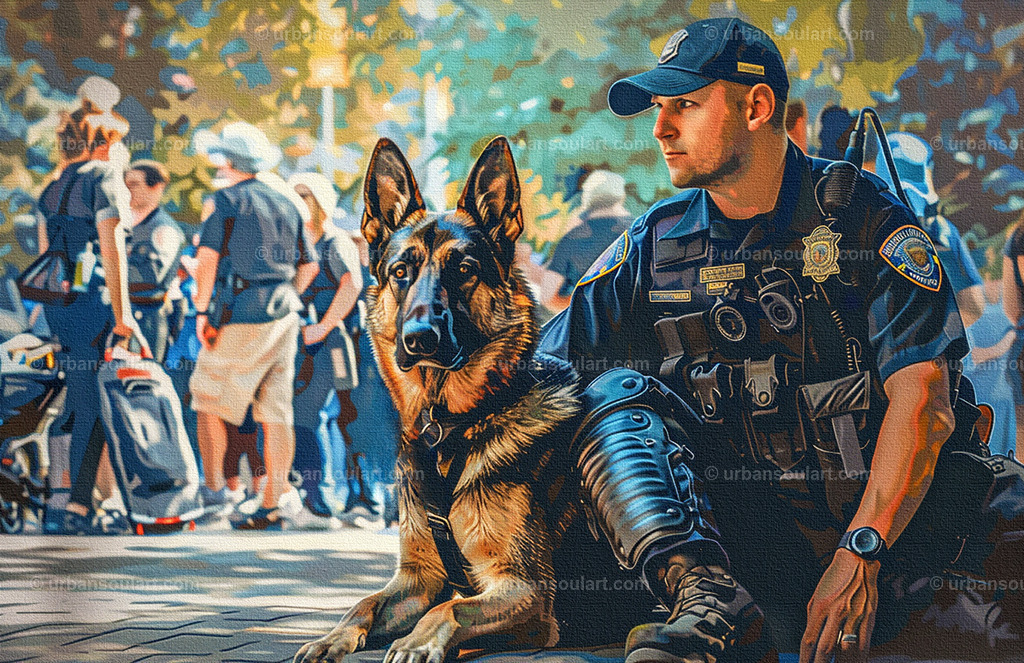 Police Officer Sitting With His Dog | A dedicated police officer sits beside his loyal German Shepherd in a bustling urban setting. This striking canvas captures the bond between handler and dog, symbolizing protection, loyalty, and partnership. Ideal for law enforcement supporters or dog lovers, this artwork brings a touch of heroism and warmth to any space. - Realisiert mit Pictrs.com