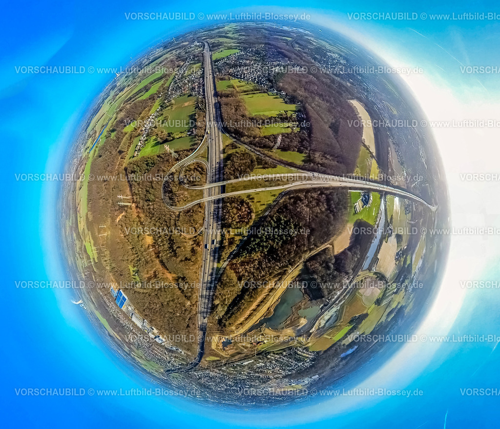 Castrop-Rauxel240190053BAB-DreieckDortmundMengede | Luftbild, Autobahndreieck Dortmund-Nordwest Mengede, BAB Autobahn A45 und Autobahn A2, Waldgebiet Mengeder Heide, Erdkugel, Fisheye Aufnahme, Fischaugen Aufnahme, 360 Grad Aufnahme, tiny world, little planet, fisheye Bild, Ickern, Castrop-Rauxel, Ruhrgebiet, Nordrhein-Westfalen, Deutschland