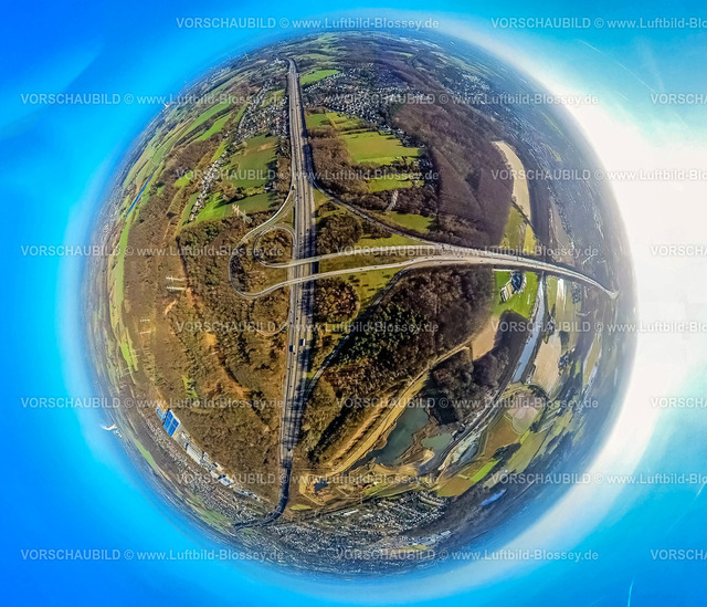Castrop-Rauxel240190053BAB-DreieckDortmundMengede | Luftbild, Autobahndreieck Dortmund-Nordwest Mengede, BAB Autobahn A45 und Autobahn A2, Waldgebiet Mengeder Heide, Erdkugel, Fisheye Aufnahme, Fischaugen Aufnahme, 360 Grad Aufnahme, tiny world, little planet, fisheye Bild, Ickern, Castrop-Rauxel, Ruhrgebiet, Nordrhein-Westfalen, Deutschland