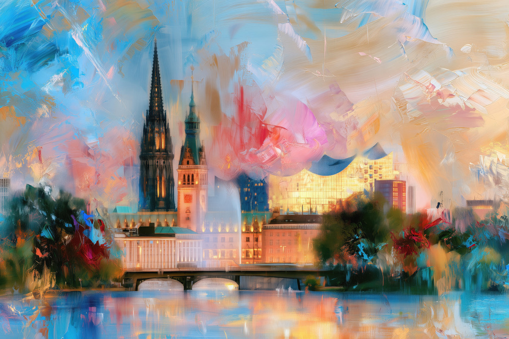 10261008 - Traumhafte Außenalster | Blick über die Außenalster im Stil eines impressionistischen Gemäldes. Erhältlich als hochwertiges Wandbild auf Leinwand, Acrylglas, Alu-Dibond, Poster oder digital als Download, einfach über "Bestellen" konfigurieren.