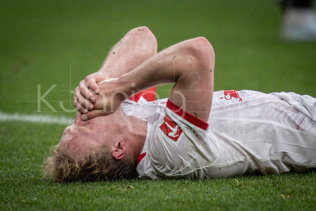 German Bundesliga, Bayer 04 Leverkusen vs. RB Leipzig, 02.05.2026 | LEVERKUSEN, GERMANY - MAY 2, 2026 :  Xaver Schlager (RB Leipzig, 24) feels injured during the German Bundesliga match on gameday 32 between Bayer 04 Leverkusen vs. RB Leipzig at BayArena on May 2, 2026 in Leverkusen, Germany. DFL REGULATIONS PROHIBIT ANY USE OF PHOTOGRAPHS AS IMAGE SEQUENCES AND/OR QUASI-VIDEO.