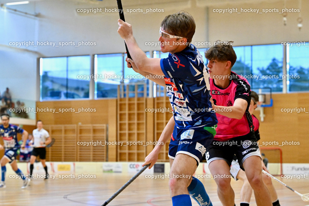 VSV Unihockey vs. Wiener Floorball Verein | #66 Jakob Rainer VSV Unihockey, #8 KUSCHER Maximilian Wiener Floorballverein, VSV Unihockey vs. Wiener Floorball Verein, VSV Unihockey vs. Wiener Floorball Verein am 18.05.2025 in Villach (Ballspielhalle St. Martin), Austria, (Photo by Bernd Stefan)