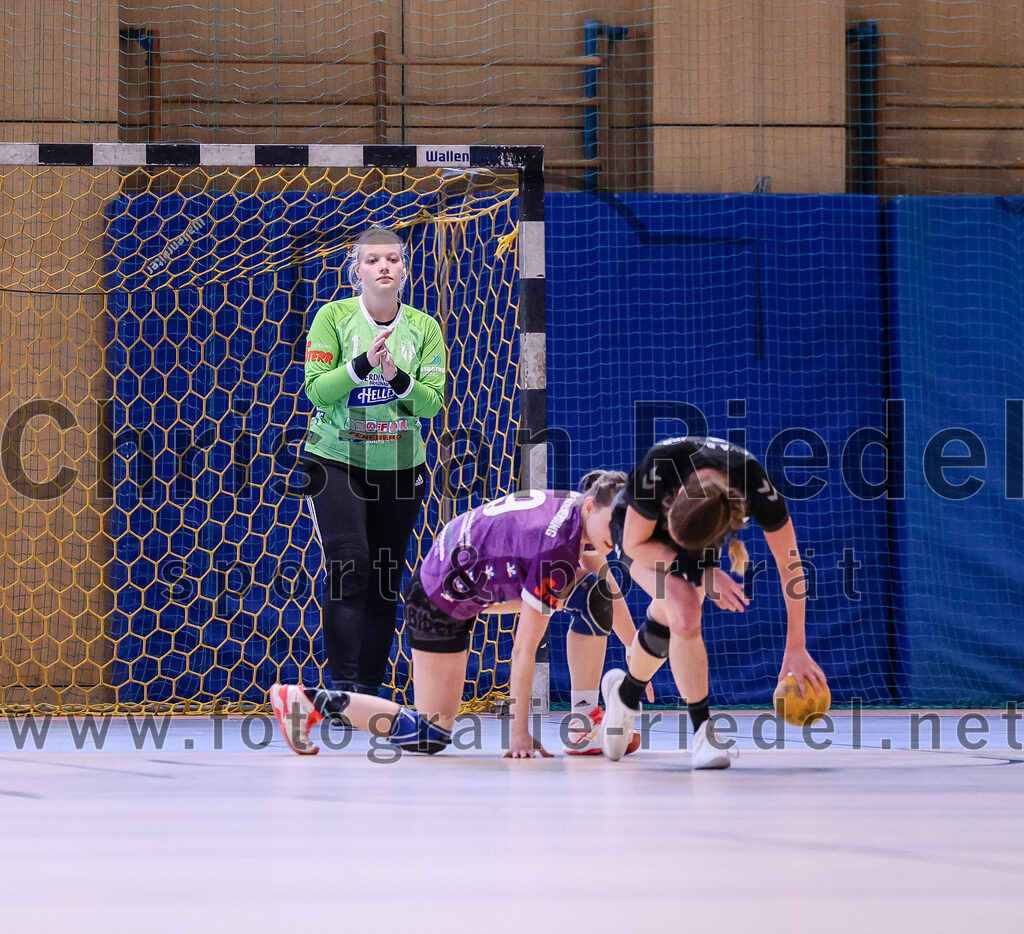2024-12-14_038_SpVgg_Altenerding_gegen_SVA_Palzing | Erding, Deutschland, 14.12.2024:Handball, Bezirksoberliga Frauen Altbayern 2024 / 2024, 9. Spieltag, SpVgg Altenerding gegen SVA Palzing, Endergebnis: 20:30Torfrau Hanna Obermair (SpVgg Altenerding, #1), Julia Kranich (SpVgg Altenerding, #9)Foto: Christian Riedel / fotografie-riedel.net