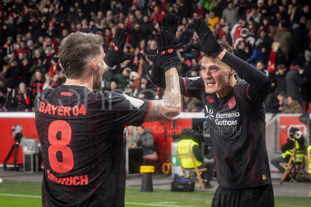 Bayer 04 Leverkusen vs. FC St. Pauli, 03.02.2026 | LEVERKUSEN, GERMANY - FEBRUARY 3: Patrick Schick (Bayer 04 Leverkusen, 14) celebrates scoring his team's second goal with teammate Robert Andrich (Bayer 04 Leverkusen, 8) during the DFB Cup quarter-final match Bayer 04 Leverkusen vs. FC St. Pauli at BayArena on February 3, 2026 in Leverkusen, Germany. (Photo by Axel Kohring/Beautiful Sports Int.)DFL REGULATIONS PROHIBIT ANY USE OF PHOTOGRAPHS AS IMAGE SEQUENCES AND/OR QUASI-VIDEO.