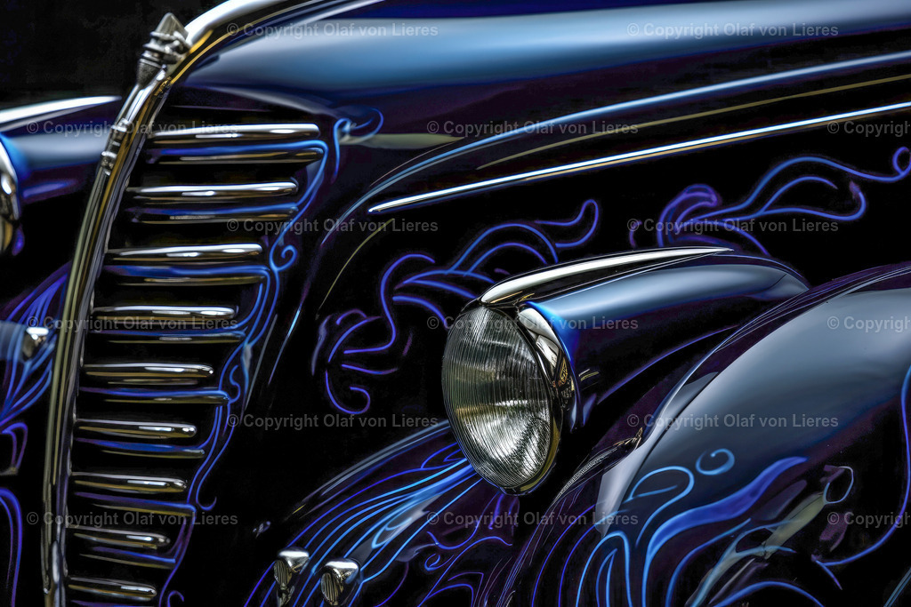 Oldtimer blau schwarz Detailaufnahme | Oldtimer Wandbild Detailaufnahme Scheinwerfer
