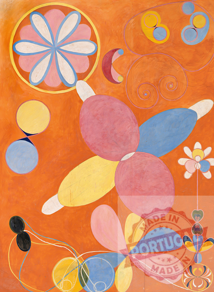 Hilma af Klint The Ten Largest Youth abstract painting. Hilma af Klimt | Hilma af Klint creating abstract composition with spirals, circles, and flower shapes on orange background - Realisiert mit Pictrs.com