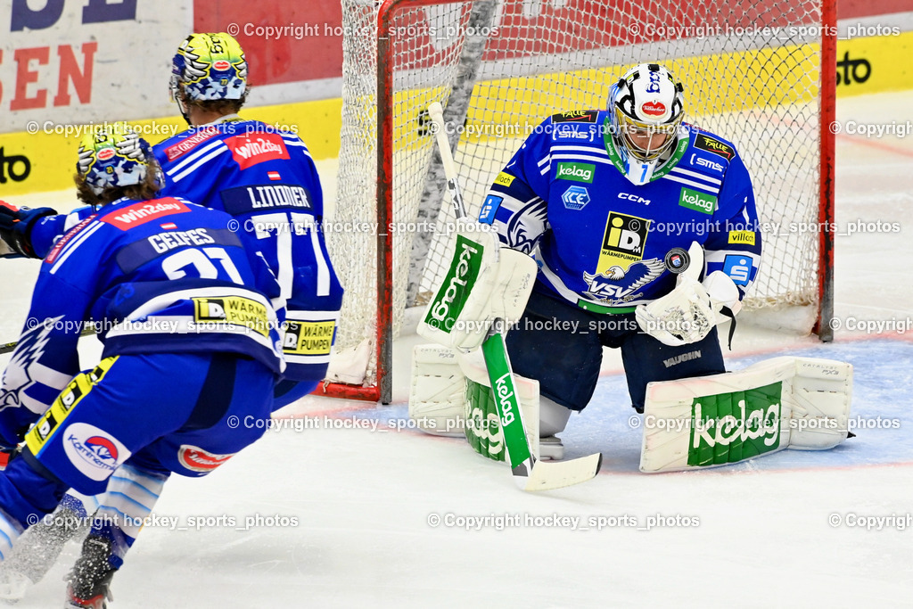 EC IDM Wärmepumpen VSV vs. HC Bozen 19.9.2023 | #1 Jean-Philippe Lamoureux, #77 LINDNER Philipp, #21 GEIFES Tim,  win2day icehockeyleague, EC IDM Wärmepumpen - HC Bozen  am 19.09.2023 in Villach (Stadhalle Villach), Austria, (Photo by Bernd Stefan)