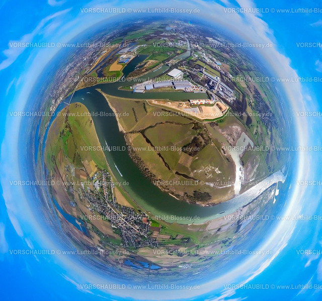 Voerde240390071FriedrichsfeldHafenEmmelsumDeltaPort | Luftbild, Hafen Emmelsum am Fluss Rhein, DeltaPort Hafenverbund, Friedrichsfeld, Erdkugel, Fisheye Aufnahme, Fischaugen Aufnahme, 360 Grad Aufnahme, tiny world, little planet, fisheye Bild, Emmelsum, Voerde, Niederrhein, Nordrhein-Westfalen, Deutschland