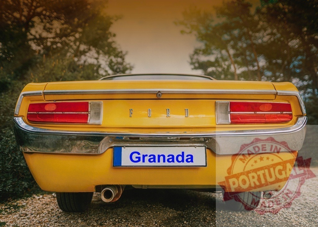 Yellow Ford Granada Coupe Parked in Wooded Area | Rear view of a classic yellow Ford Granada coupe parked in a wooded area, showcasing its vintage design and chrome details - Realized with Pictrs.com