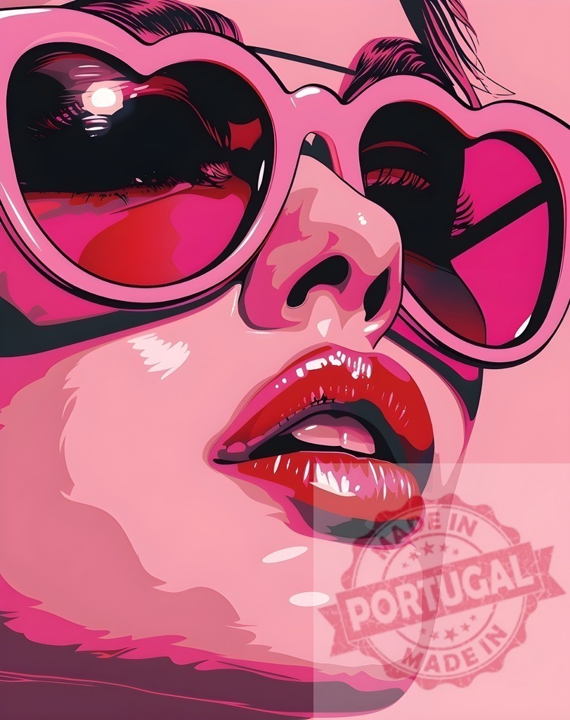 Pop art woman wearing pink heart sunglasses with red lips | Pop art woman wearing heart-shaped sunglasses and glossy red lipstick, depicting fashion and glamour - Realized with Pictrs.com